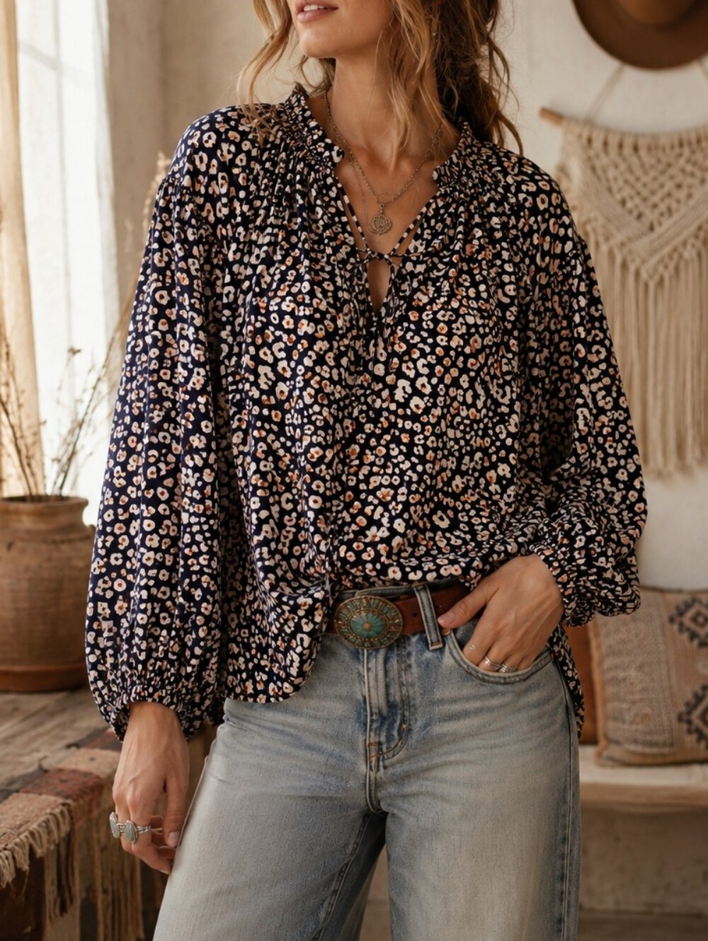 Betsys Boutique Shop Animal Print Ruffle Neck Blouse Small